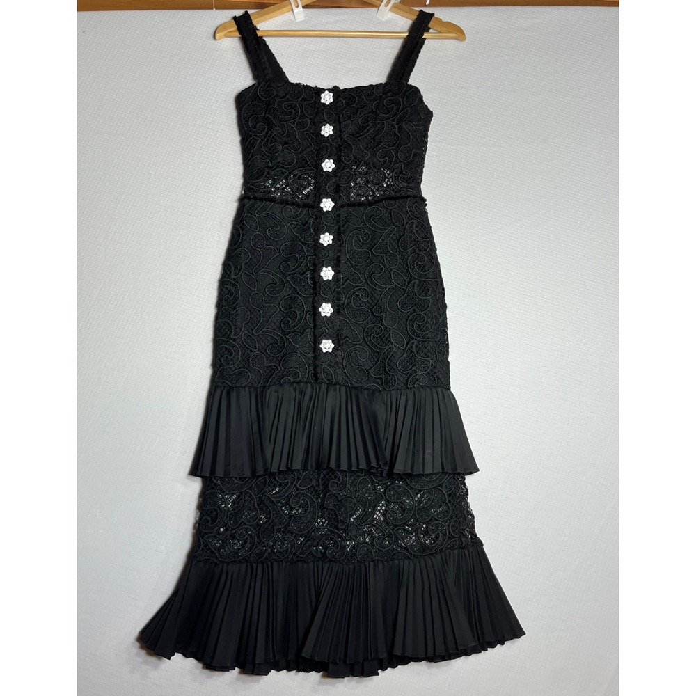 Alexis Lace Pleated Tiered Midi Dress Women S Black Guipure Floral Crystal Boho